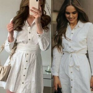 Zara White Button Down Embroidered Shirtdress